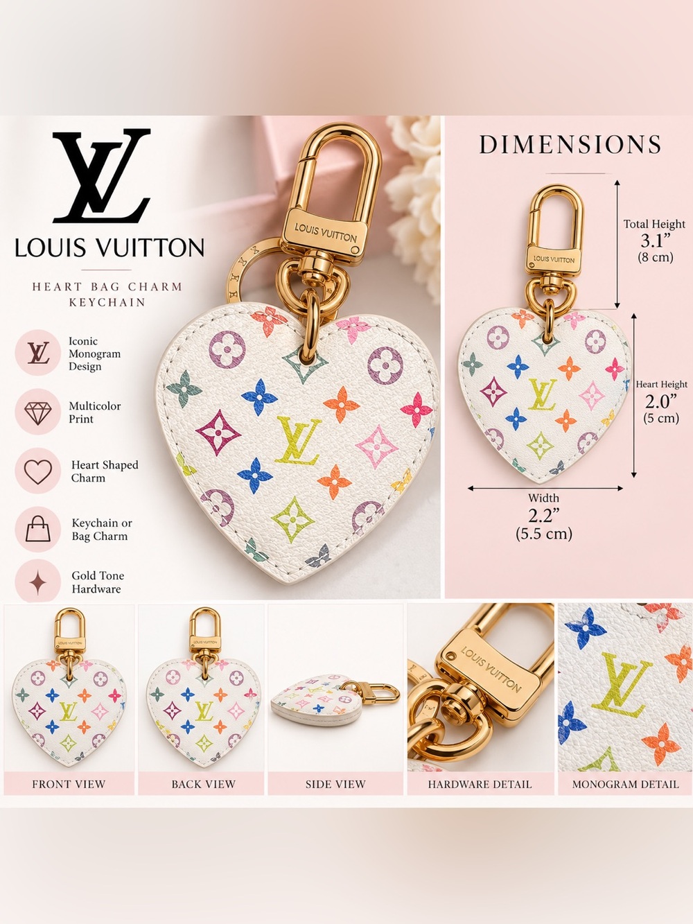 White Multicolor Monogram Heart Key Charm